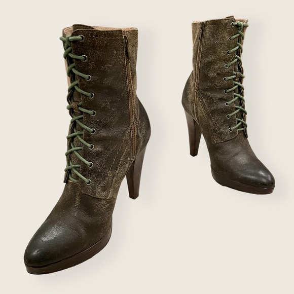 Frye Harlow Campus Lace Up Brown/Olive Green Suede Heeled Zip Up Ankle Booties - Picture 2 of 10